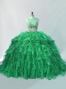 Scoop Sleeveless Brush Train Quinceanera Dresses Green Organza