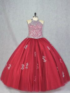 Custom Made Sleeveless Tulle Floor Length Lace Up Quinceanera Dresses in Red with Beading and Appliques