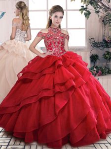 Glorious Beading and Ruffled Layers 15th Birthday Dress Red Lace Up Sleeveless Floor Length