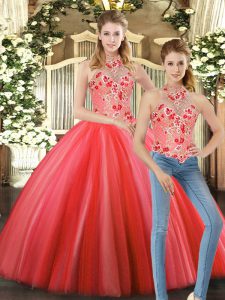 Shining Coral Red Sleeveless Embroidery Floor Length Quinceanera Dress