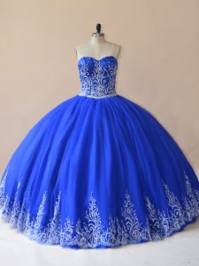Sleeveless Tulle Floor Length Lace Up Sweet 16 Dress in Royal Blue with Embroidery