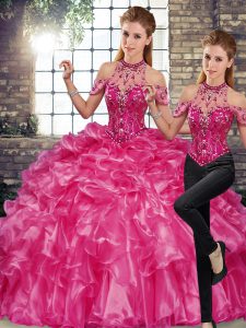 Delicate Fuchsia Halter Top Lace Up Beading and Ruffles 15th Birthday Dress Sleeveless