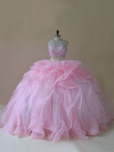 Popular Lace Up Quinceanera Dresses Baby Pink for Sweet 16 and Quinceanera with Ruffles Brush Train