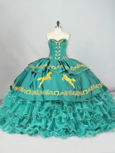 Most Popular Lace Up 15th Birthday Dress Turquoise for Sweet 16 and Quinceanera with Embroidery and Ruffled Layers Brush Train