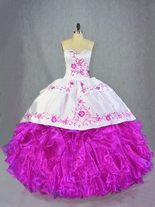 Popular Fuchsia Organza Lace Up Sweet 16 Dresses Sleeveless Brush Train Beading and Embroidery and Ruffles