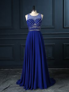 Royal Blue Empire Beading Prom Gown Criss Cross Chiffon Sleeveless