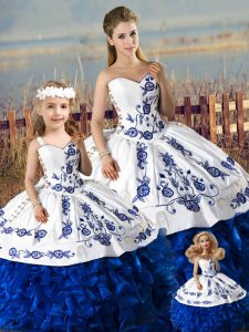 Sweetheart Sleeveless Lace Up Quinceanera Gowns Blue And White Organza