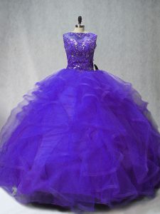 Excellent Purple Sleeveless Beading and Ruffles Lace Up Sweet 16 Dresses