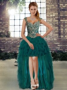 Fabulous Dark Green A-line Straps Sleeveless Organza High Low Lace Up Beading and Ruffles