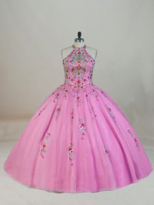 Fantastic Lilac Tulle Lace Up Ball Gown Prom Dress Sleeveless Brush Train Appliques and Embroidery