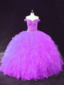 Popular Floor Length Lace Up Sweet 16 Quinceanera Dress Purple for Sweet 16 and Quinceanera with Beading and Ruffles