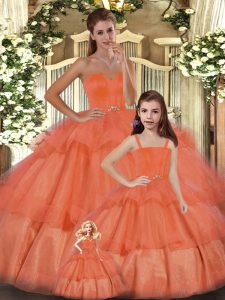 Floor Length Orange Sweet 16 Quinceanera Dress Organza Sleeveless Ruffled Layers