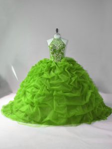 Green Organza Lace Up Quinceanera Dresses Sleeveless Court Train Beading and Pick Ups