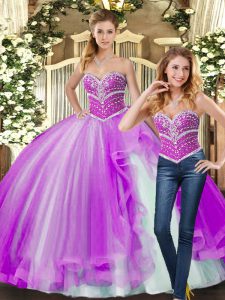Exquisite Sleeveless Floor Length Beading Lace Up 15th Birthday Dress with Lilac