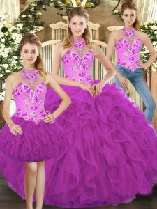 Embroidery and Ruffles Ball Gown Prom Dress Fuchsia Lace Up Sleeveless Floor Length