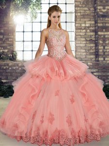 Floor Length Watermelon Red Quince Ball Gowns Tulle Sleeveless Lace and Embroidery and Ruffles