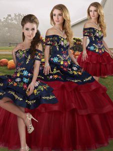 Low Price Wine Red Sleeveless Tulle Brush Train Lace Up Quince Ball Gowns for Military Ball and Sweet 16 and Quinceanera