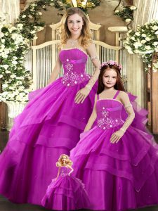 Strapless Sleeveless Lace Up Sweet 16 Dress Fuchsia Tulle