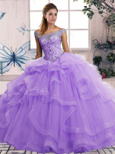 Flare Lavender Ball Gowns Tulle Off The Shoulder Sleeveless Beading and Ruffles Floor Length Lace Up Sweet 16 Dresses