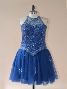 Hot Selling Royal Blue Lace Up Prom Gown Beading Sleeveless Mini Length