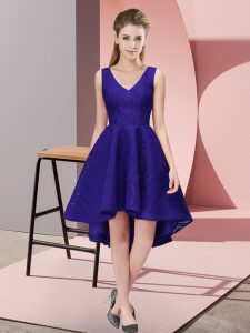 V-neck Sleeveless Dama Dress for Quinceanera High Low Lace Purple Lace