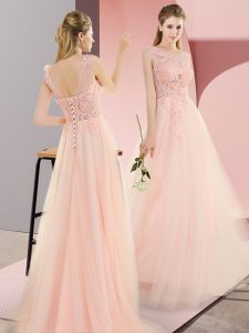 Beading and Lace and Appliques Prom Dresses Pink Lace Up Sleeveless Floor Length