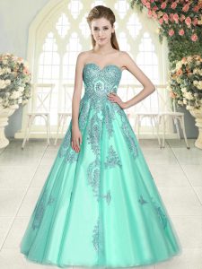 Sleeveless Floor Length Appliques Lace Up with Apple Green