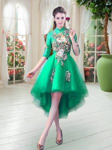 Romantic Turquoise Tulle Zipper High-neck Half Sleeves High Low Prom Party Dress Appliques