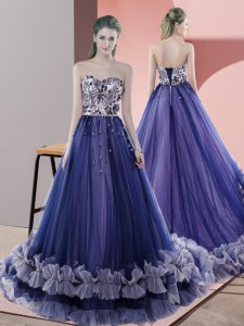 Perfect Sweetheart Sleeveless Dress for Prom Sweep Train Beading Blue Tulle