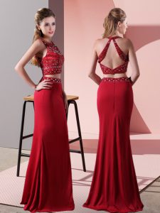 Traditional Red Two Pieces Elastic Woven Satin Halter Top Sleeveless Beading Floor Length Backless Prom Party Dress