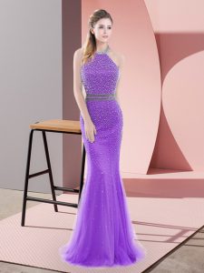 Smart Purple Dress for Prom Prom and Party and Military Ball with Beading Halter Top Sleeveless Sweep Train Backless