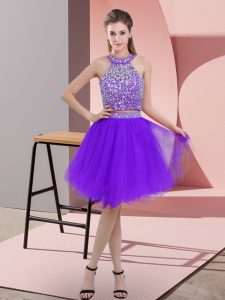Modern Purple Prom Gown Prom and Party with Beading Halter Top Sleeveless Backless