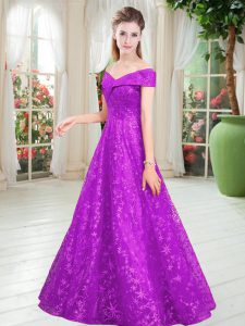 Beautiful Sleeveless Lace Floor Length Lace Up Prom Evening Gown in Purple with Beading