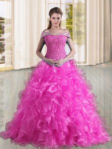 Lace Up Sweet 16 Quinceanera Dress Fuchsia for Military Ball and Sweet 16 and Quinceanera with Beading and Lace and Ruffles Sweep Train