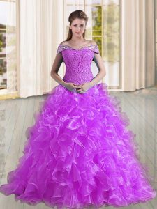 Artistic Organza Off The Shoulder Sleeveless Sweep Train Lace Up Beading and Lace and Ruffles Vestidos de Quinceanera in Purple