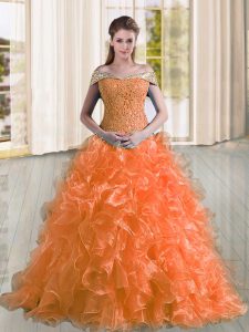 High Quality Orange Quinceanera Gowns Organza Sweep Train Sleeveless Beading and Lace and Ruffles