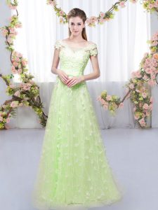 Designer Tulle Off The Shoulder Cap Sleeves Lace Up Appliques Quinceanera Court of Honor Dress in Yellow Green