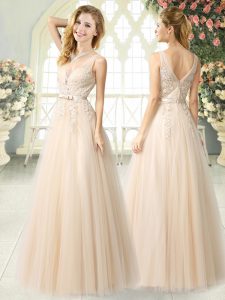 Fancy Tulle V-neck Sleeveless Zipper Appliques Prom Dress in Champagne