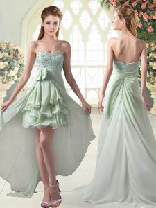 Spectacular Sleeveless High Low Beading and Ruffled Layers Zipper Dress for Prom with Apple Green