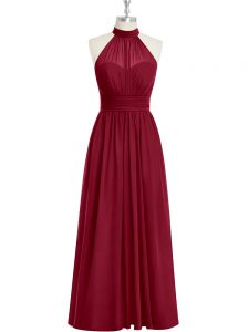 Spectacular Burgundy Chiffon Side Zipper High-neck Sleeveless Floor Length Prom Party Dress Ruching