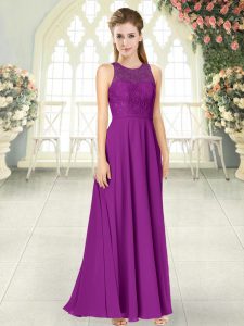 Floor Length Purple Prom Evening Gown Chiffon Sleeveless Lace