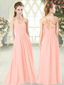 Fantastic Halter Top Sleeveless Prom Party Dress Floor Length Ruching Pink Chiffon