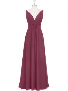 Shining Burgundy Chiffon Backless Homecoming Dress Sleeveless Floor Length Ruching and Pleated