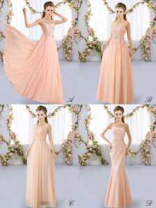 Sleeveless Chiffon Floor Length Lace Up Court Dresses for Sweet 16 in Peach with Lace