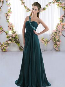 Fashionable Sleeveless Beading Lace Up Quinceanera Dama Dress with Peacock Green Brush Train