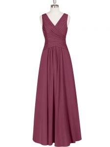 Enchanting Burgundy Chiffon Zipper Prom Dress Sleeveless Floor Length Ruching