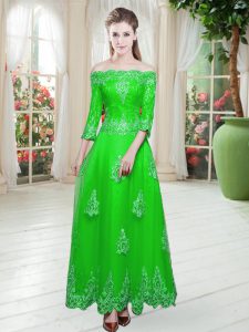 Modern Green Evening Dress Prom and Party with Lace Off The Shoulder 3 4 Length Sleeve Lace Up