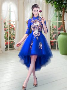 Glorious Royal Blue Evening Dress Prom and Party with Appliques High-neck Half Sleeves Zipper