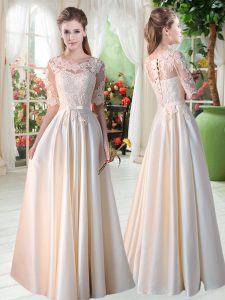 Stylish Champagne Empire Satin Scalloped Half Sleeves Lace Floor Length Lace Up Homecoming Dress