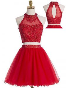 Red Halter Top Neckline Beading and Appliques Prom Party Dress Sleeveless Zipper
